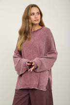 WASHED RAW EDGE CREW NECK DROP SLEEVE SWEATER