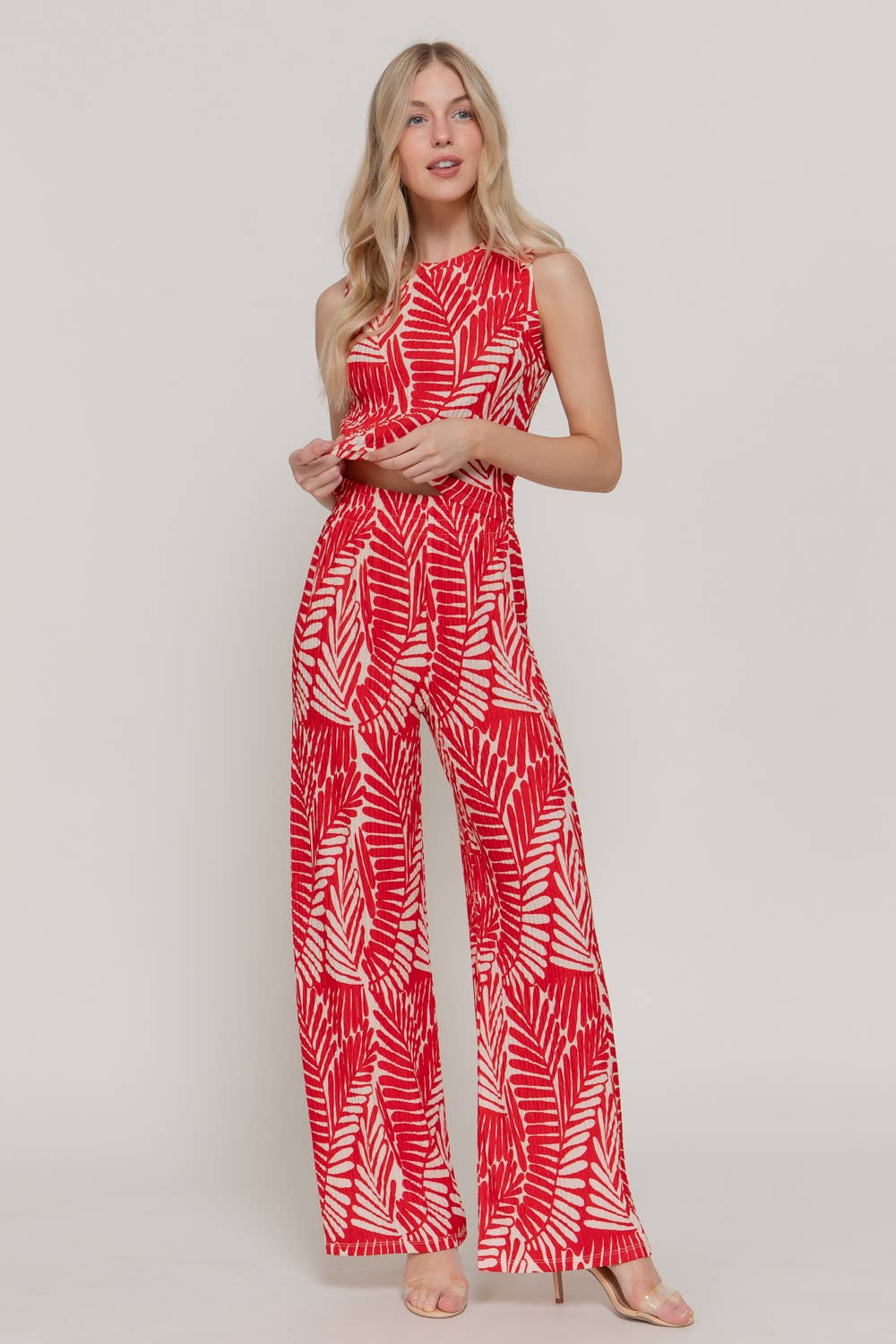 Sleeveless Top & Wide Print Knit Pants Set