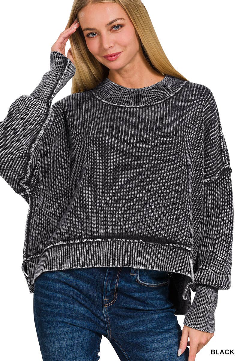 `Washed Side Slit Oversized Cropped Sweater SI-26510 Zenana