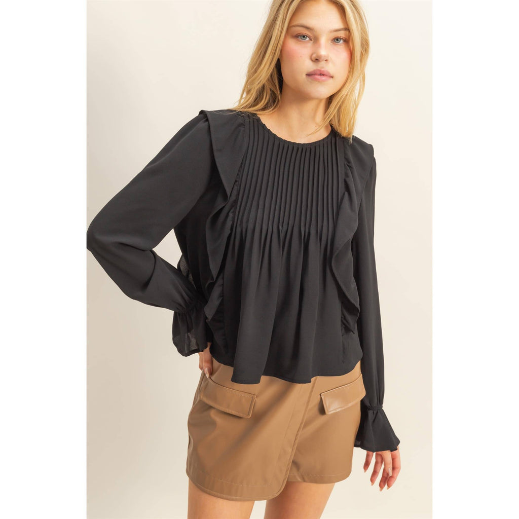 Pintuck Ruffle Detail Woven Blouse