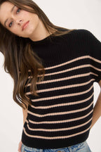STRIPE MOCK NECK SHORT SLEEVE KNIT SWEATER
