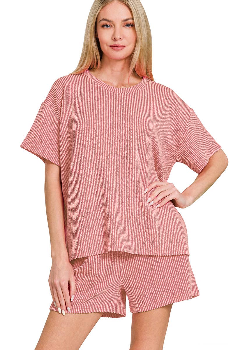 `.SI-26647 Corded Rib Short Sleeve Tee & Short Pants 2PC Set