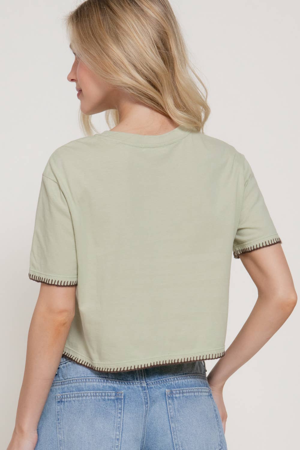 Short Sleeve Round Neck Embroidery Detail Cotton Jersey Top