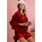 HOLIDAY VELVET RUFFLED SLEEVES V NECK TOP