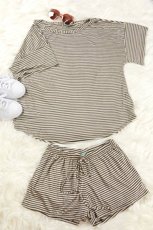 Rayon spandex stripe loose fit short and top set (P16433)