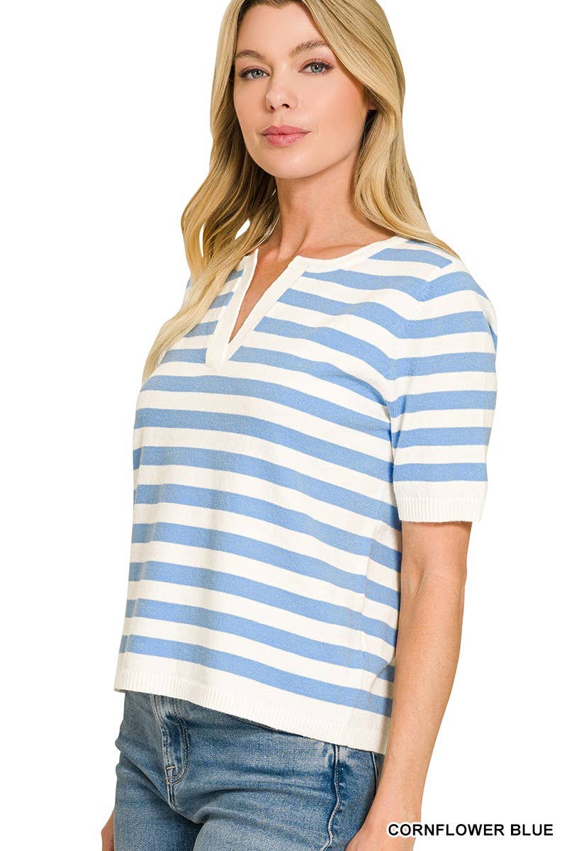 Split Neck Stripe Short Sleeve Sweater