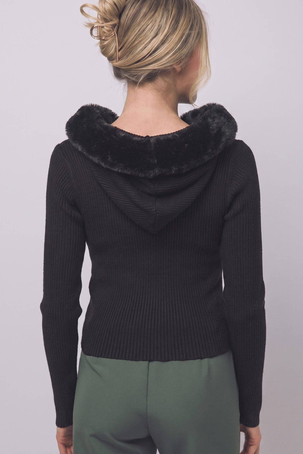 Faux-fur Trim Hooded Zip-up Sweater
