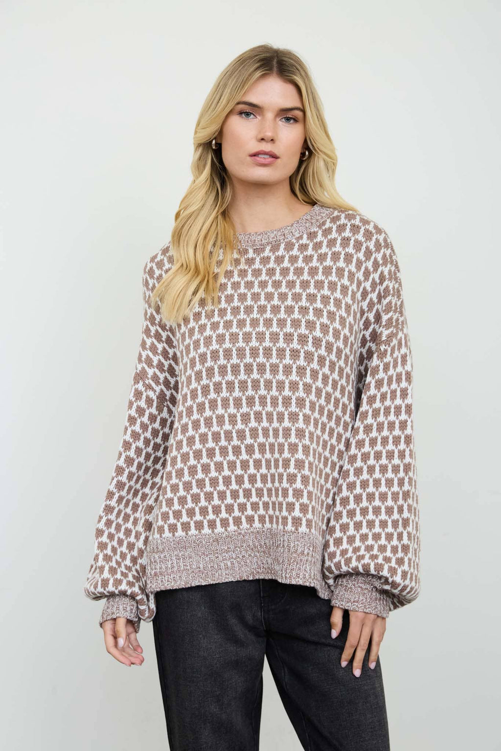 MARLED TRIM GEOMETRIC PATTERN RELAXED SWEATER
