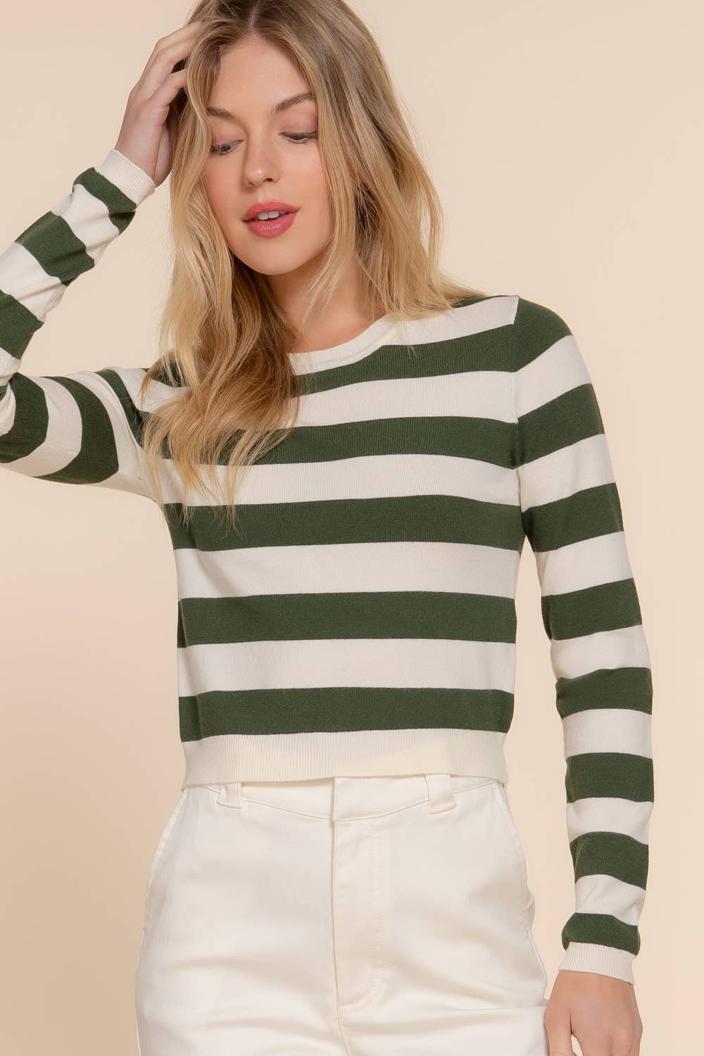 Long Sleeve Crew Neck Stripe Fitted Sweater