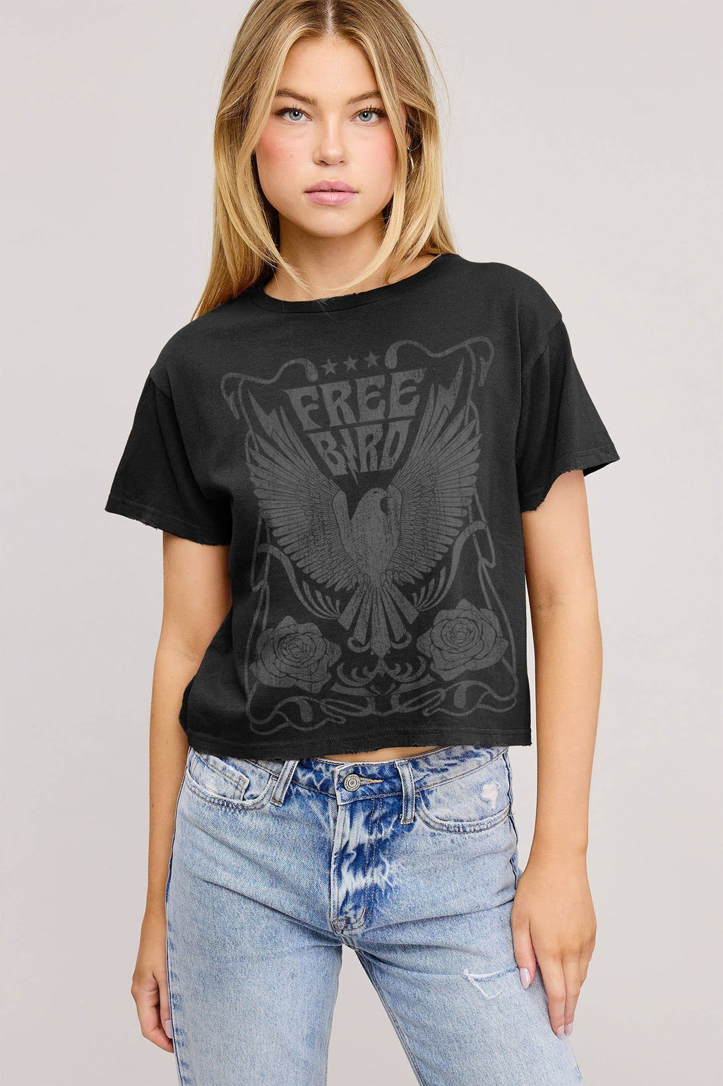 Free Bird Graphic S/S Seamless Faux Crop With Grinded Edges