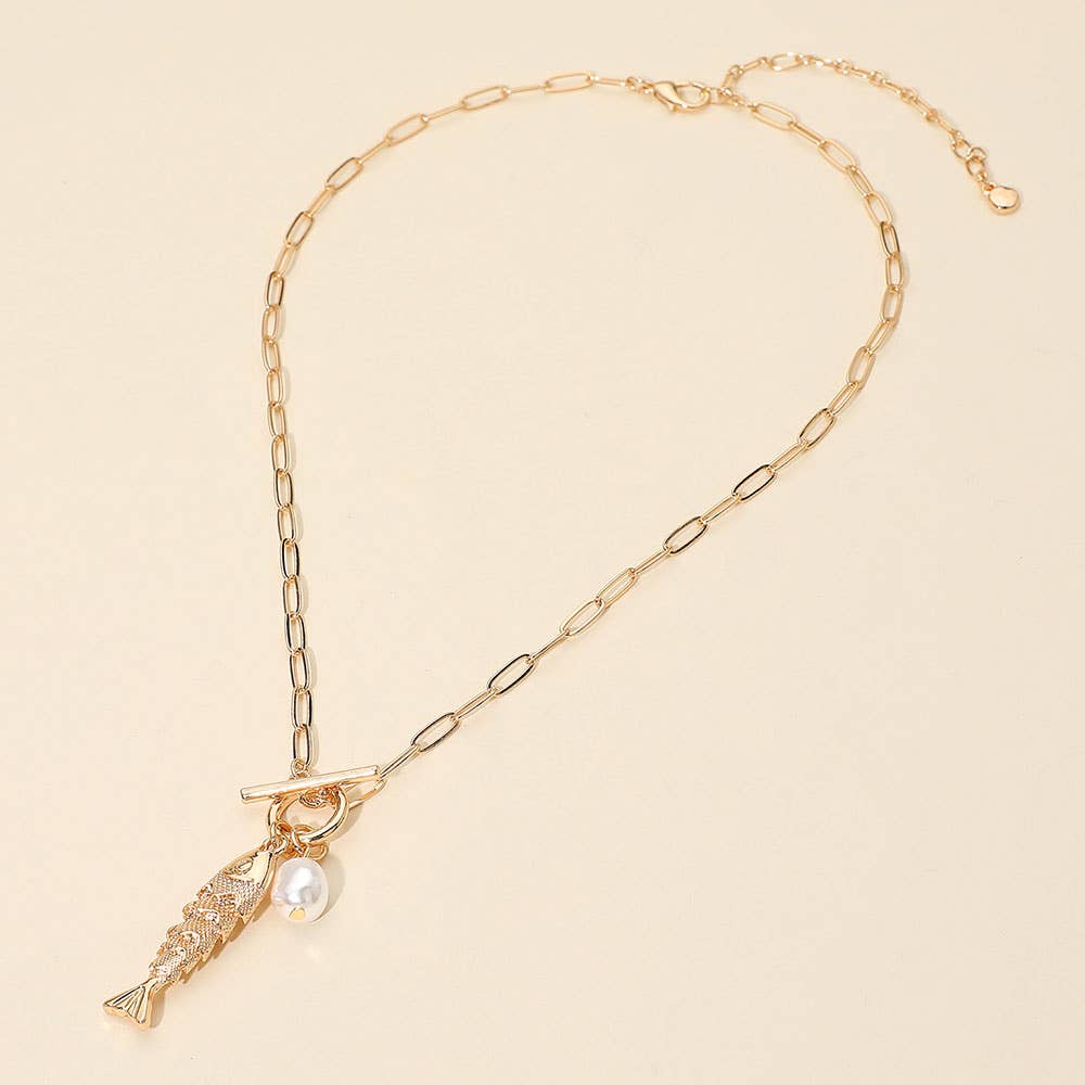 Fish Pearl Toggle Charm Pendant Necklace