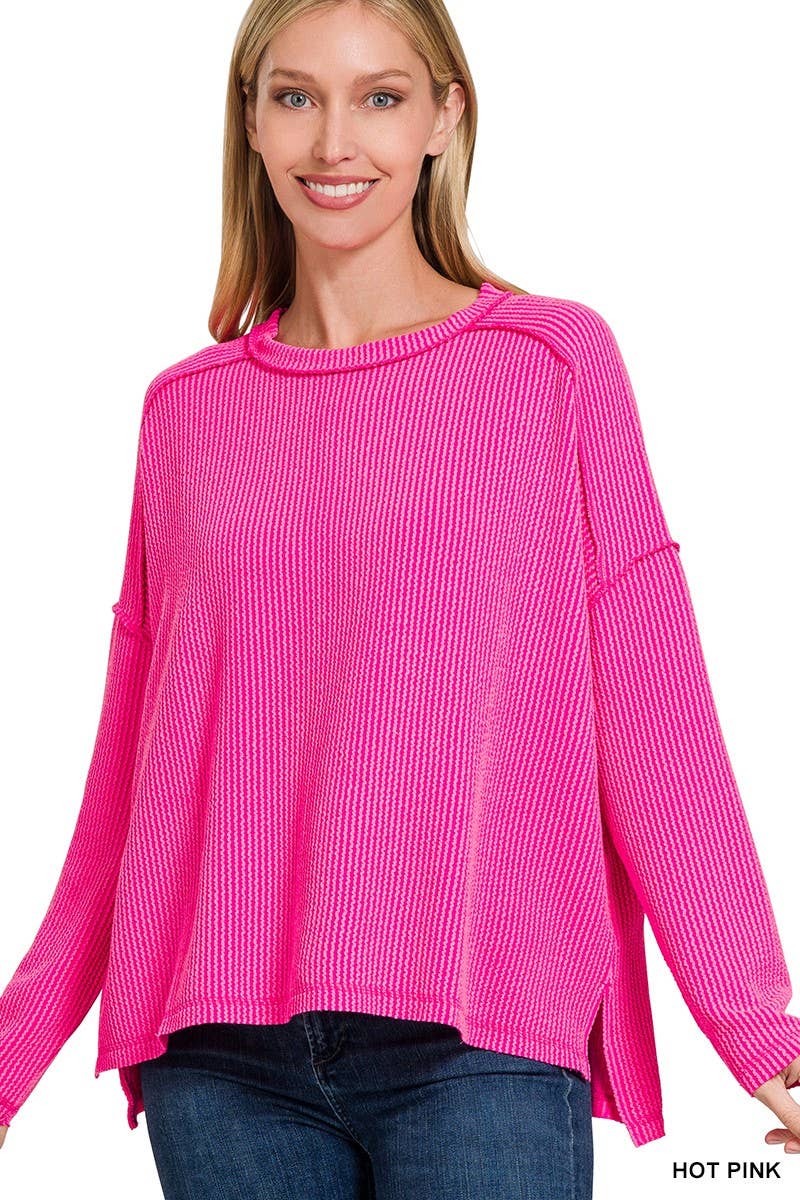 Raised Rib Raw Edge Boat Neck Long Sleeve Top