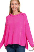Raised Rib Raw Edge Boat Neck Long Sleeve Top