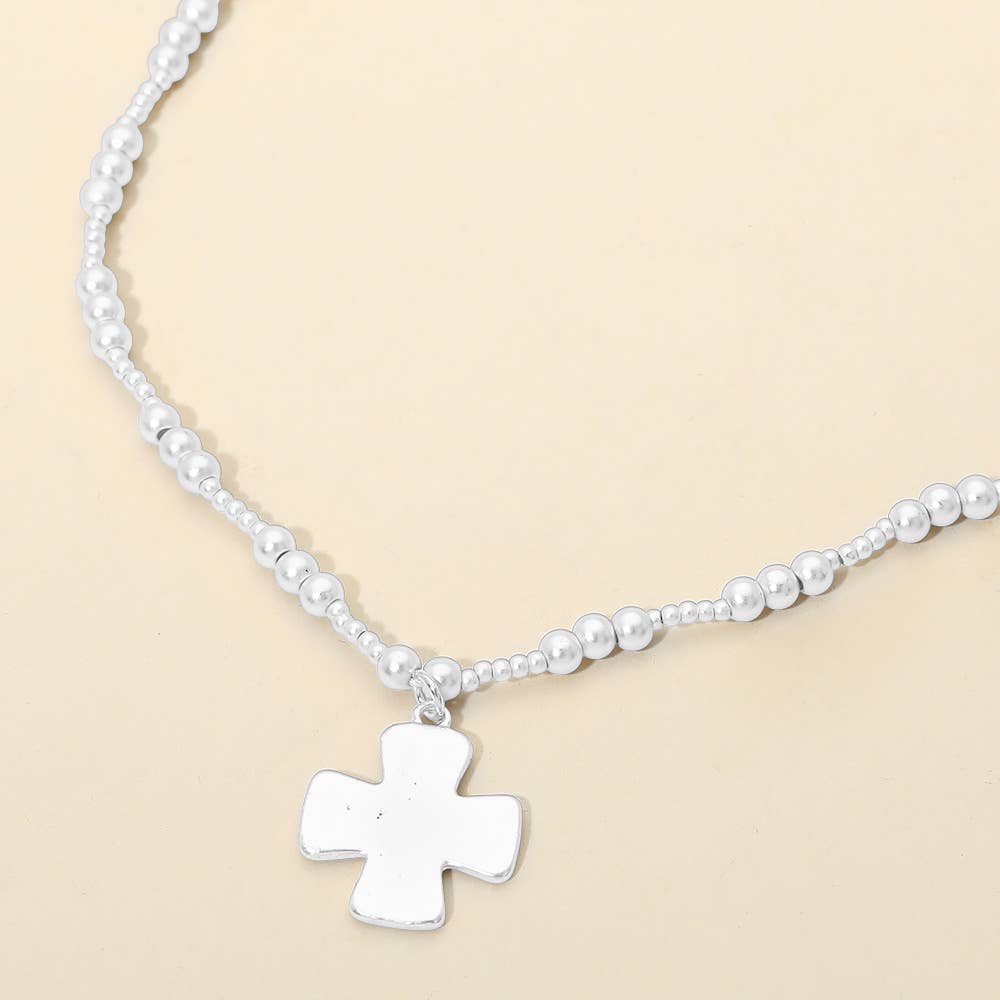 Brushed Hammered Metal Cross Pendant Beaded Chain Necklace