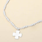 Brushed Hammered Metal Cross Pendant Beaded Chain Necklace
