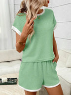 Waffle Knit Lounge Set Casual Shorts Outfit
