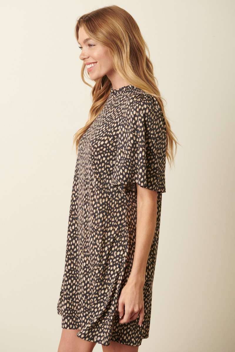 ANIMAL PRINT RUFFLE MOCK NECK MINI DRESS