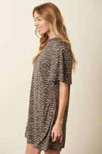 ANIMAL PRINT RUFFLE MOCK NECK MINI DRESS