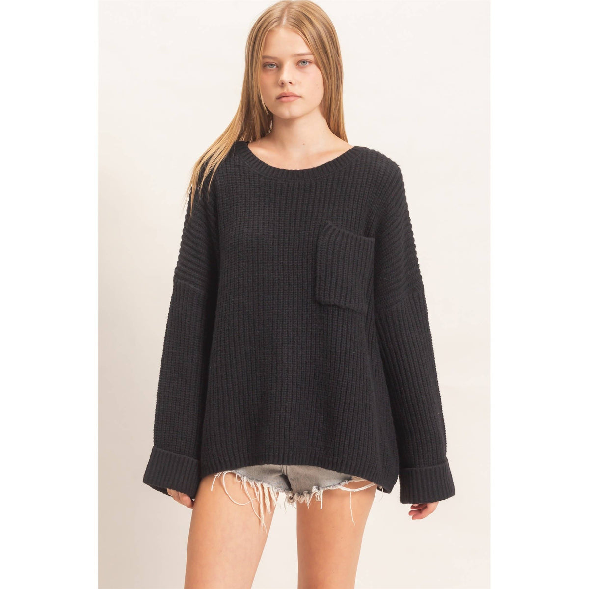 Ribbed Knit Patch Pocket Sweater