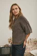 WASHED RIBBED SHORT SLEEVE ROLLED EDGE CARDIGAN