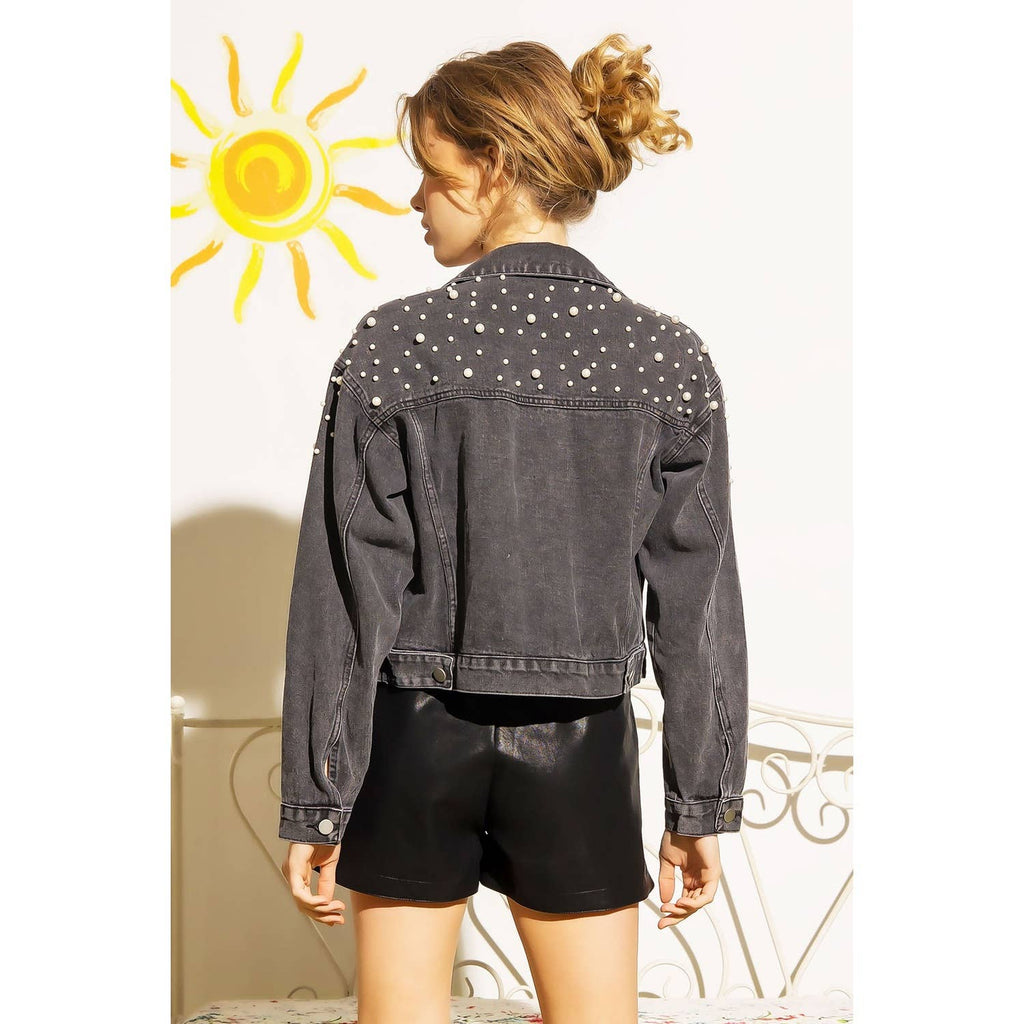 DENIM CROP JACKET WITH PEARL STUDS