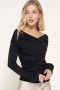 Long Sleeve Wrap Neckline Draped Detail Straight Knit Top