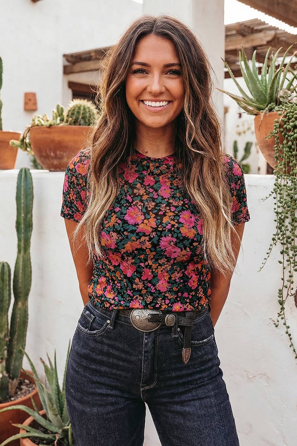 Retro Floral Printed Mesh Western Top