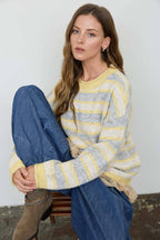 HEATHERED MULTI-STRIPE RAW EDGE KNIT SWEATER