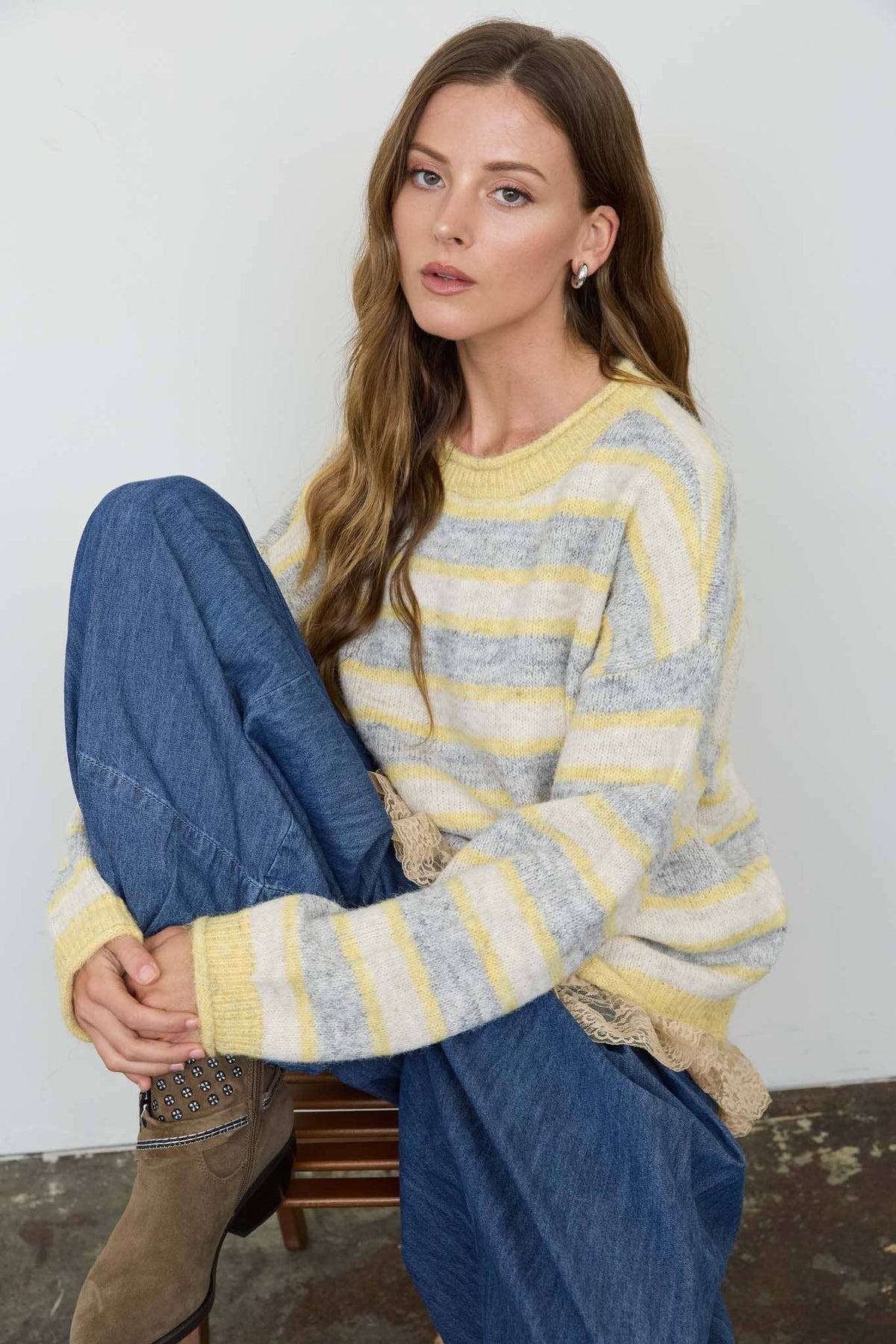 HEATHERED MULTI-STRIPE RAW EDGE KNIT SWEATER