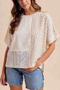 Mixed Media Flower Print Lace Trimmed Knit Top