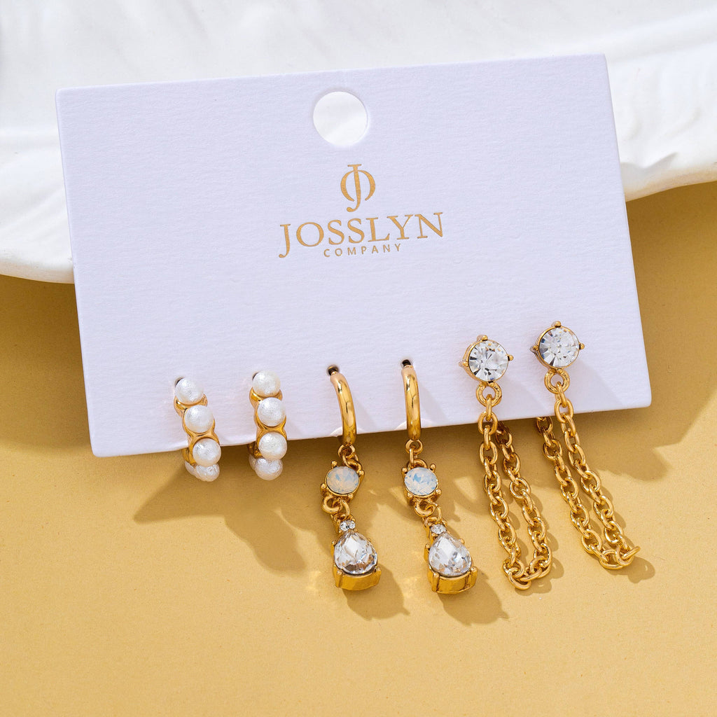 Pearl Hoop Crystal Drop Chain Trio Earring Set | 80E62685
