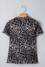 PRETTY BASH Leopard Sheer Mesh Short Sleeve Top