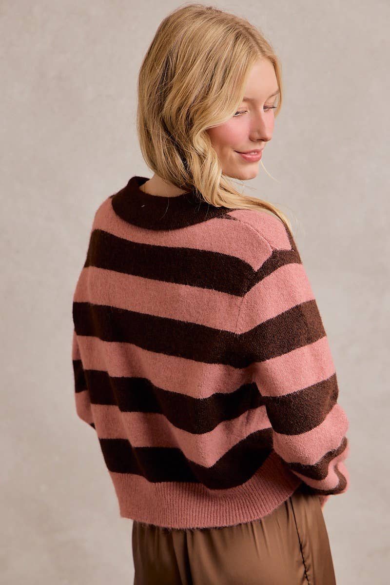 Striped Button Down Collar Knitted Cardigan