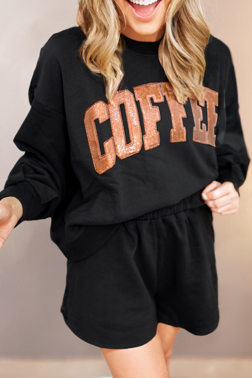 Coffee Sequin Sweatshirt + Shorts Set