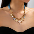 Sea Life Multi Charm- Boho Coastal Denim Necklace | 80N93111