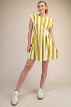 Round Neck Waist Pleated Mini Dress