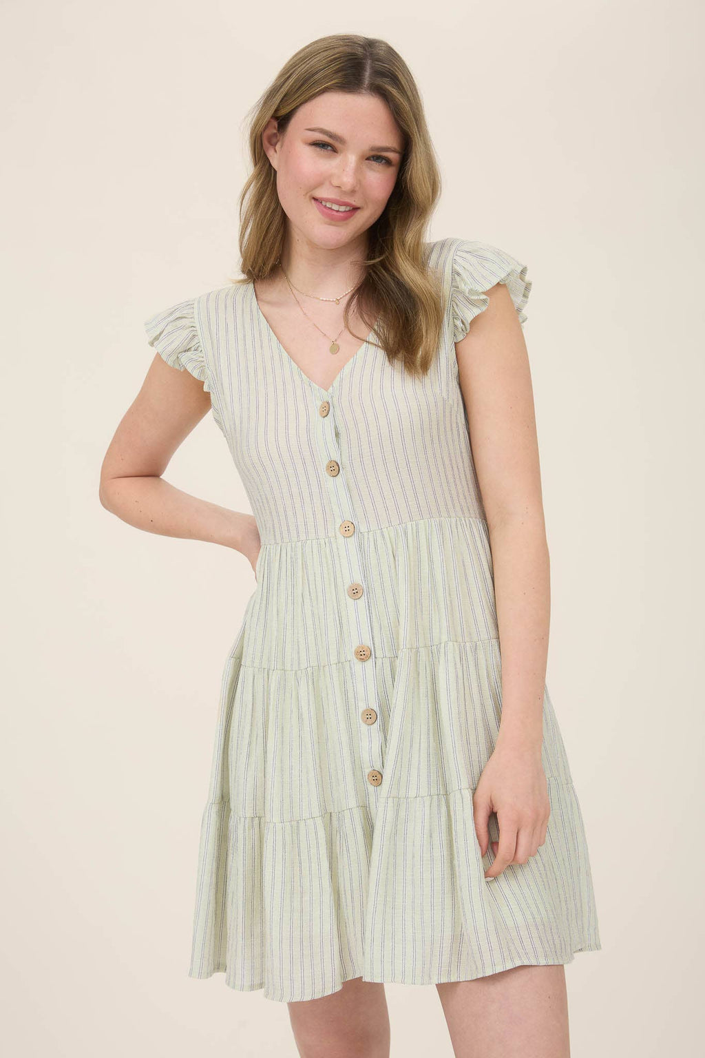 STRIPE V NECK BUTTON DOWN TIERED MINI DRESS