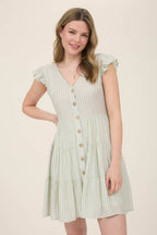 STRIPE V NECK BUTTON DOWN TIERED MINI DRESS