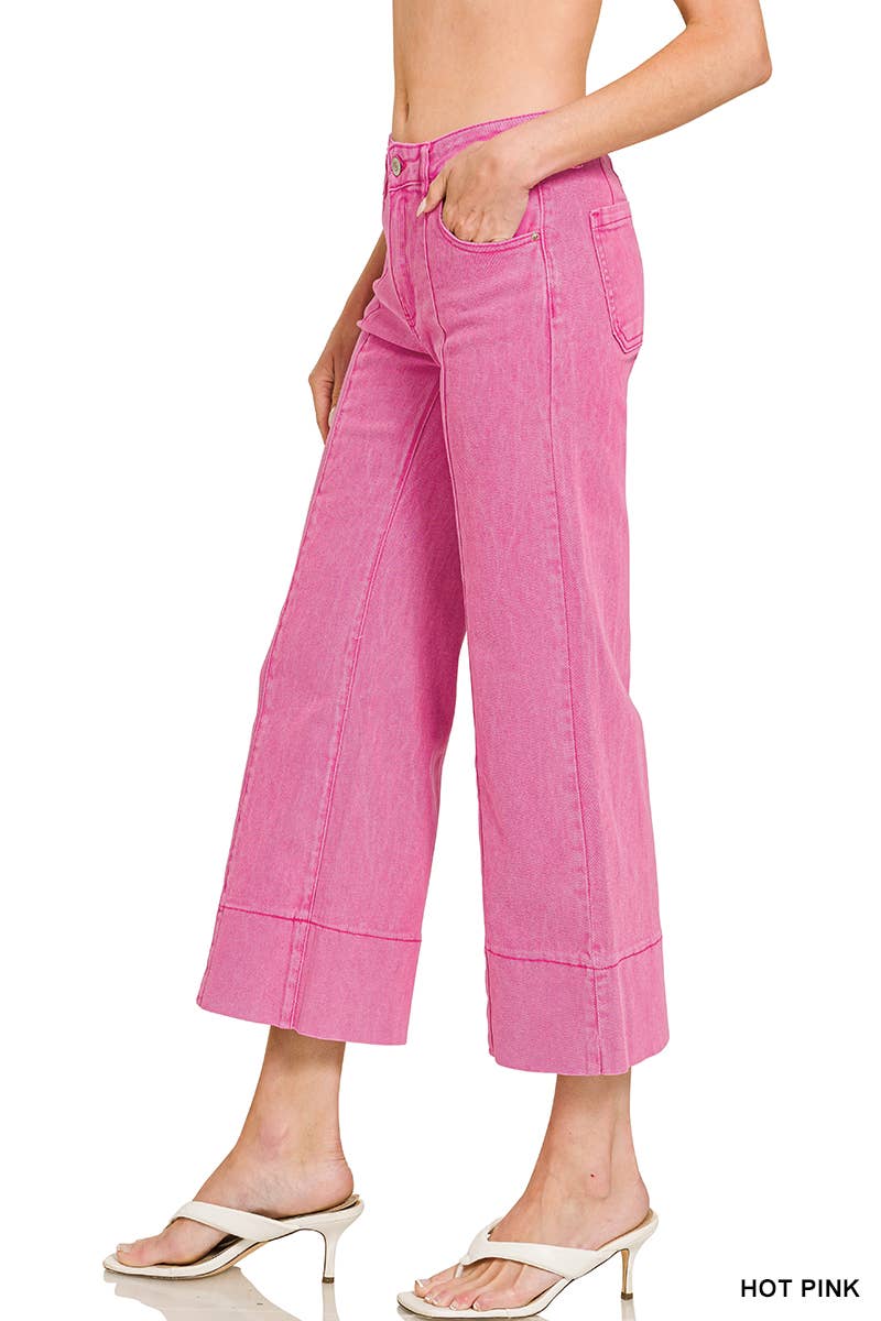 Mid Rise Wide Leg Cropped Color Denim Pants Zenana
