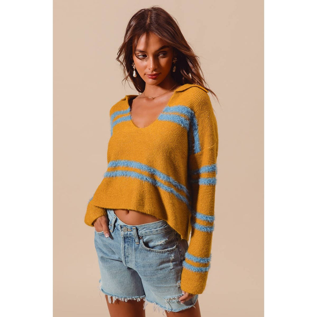 FUZZY HAIRY STRIPE DEEP U NECK SWEATER TOP