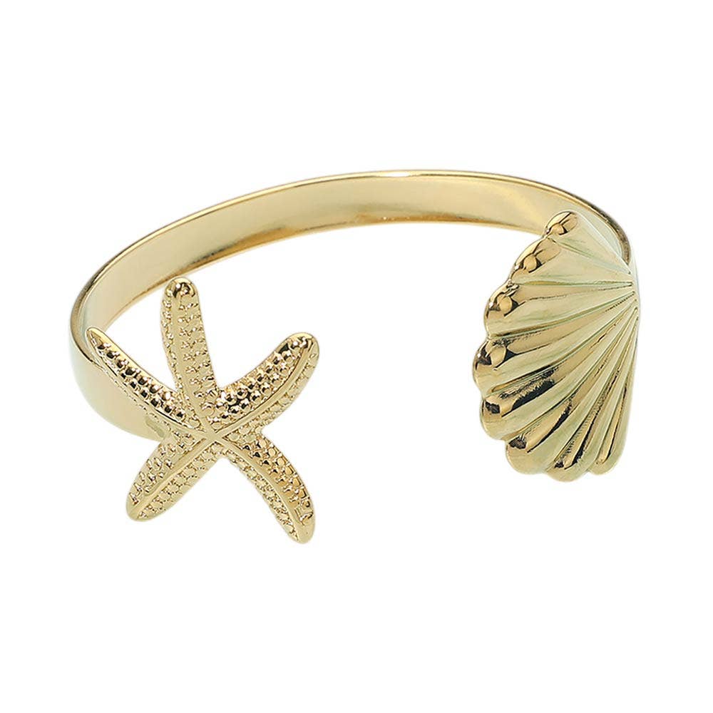 Stainless Steel Starfish Seashell Tip Open Cuff Bracelet
