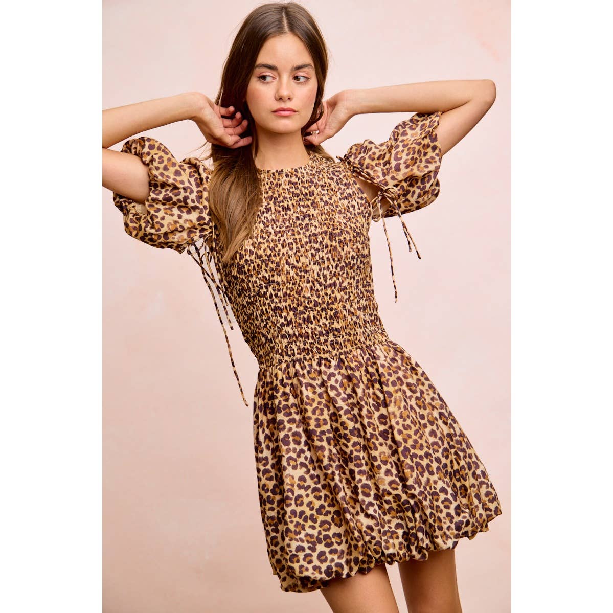 LEOPARD BOW TIE ATTACHABLE PUFF SLEEVES DRESS