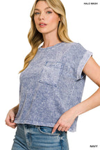 Halo Snow Washed Cotton Cuffed Short Sleeve Top - Zenana
