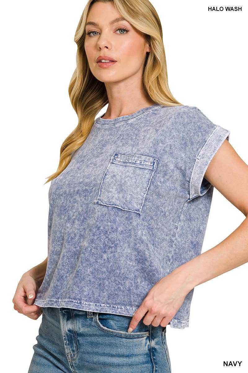 Halo Snow Washed Cotton Cuffed Short Sleeve Top - Zenana