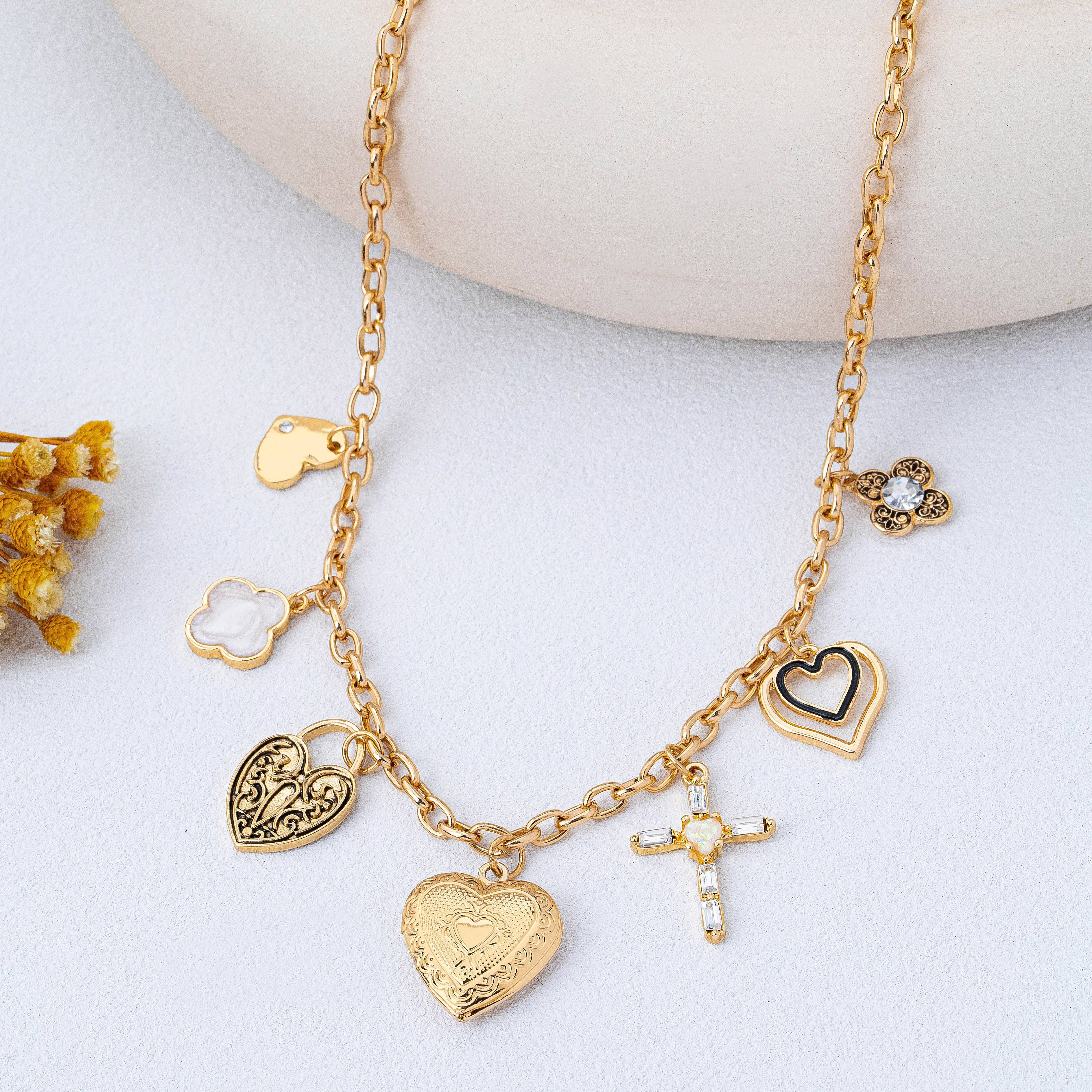 Antique Heart Locket & Cross Multi-Charm Necklace | 80N93116