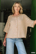 Striped Wool Blend Short Sleeve Cardigan Sweater
