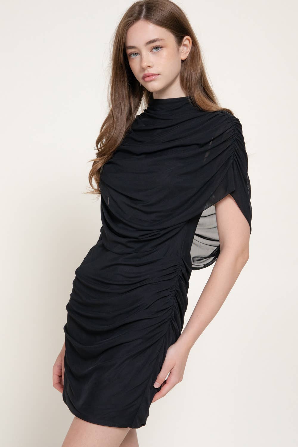 High Neck Shoulder Drape Mesh Mini Dress