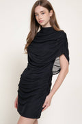 High Neck Shoulder Drape Mesh Mini Dress