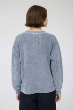 WASHED POCKET DETAIL LONG SLEEVE RIB KNIT TOP