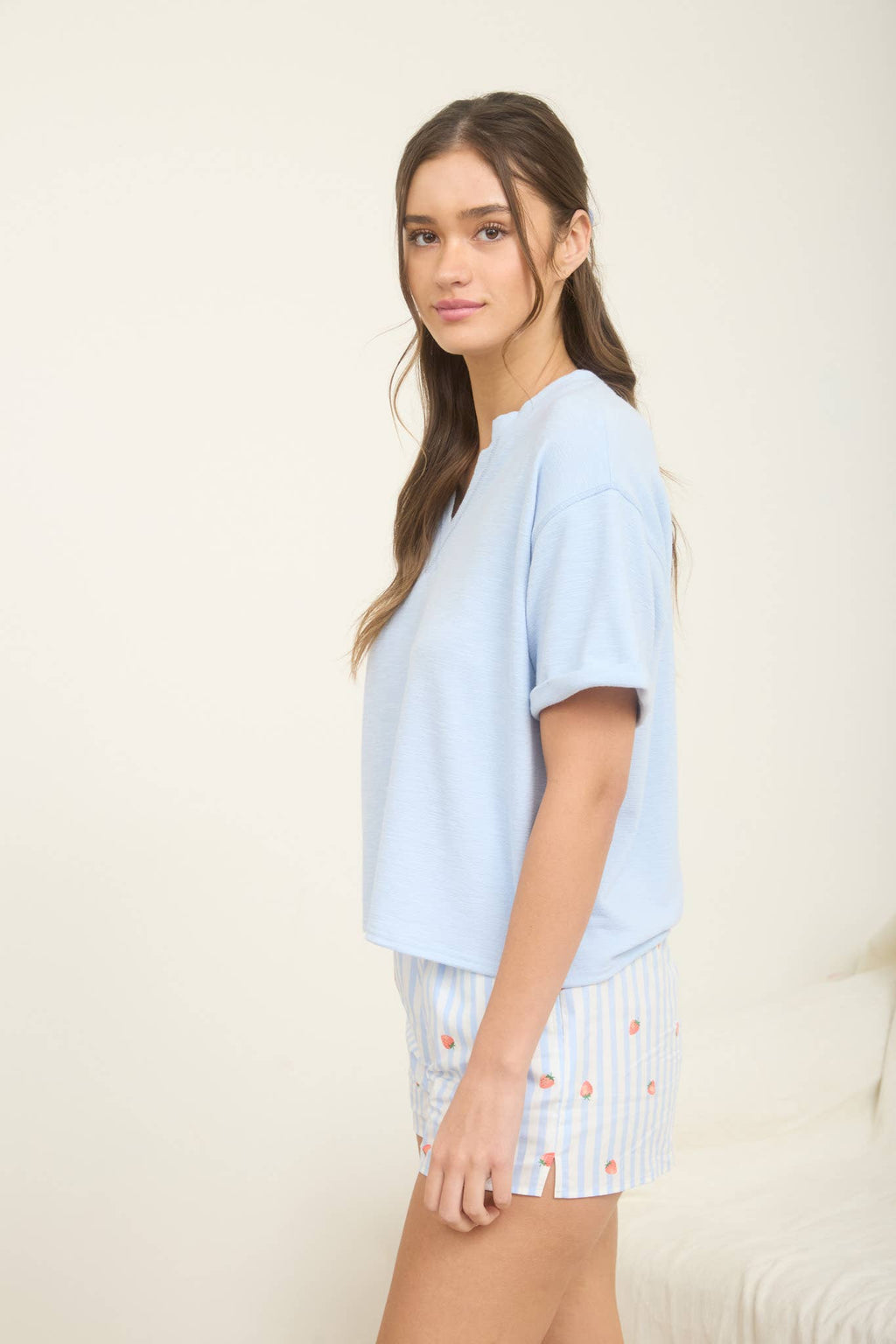 CONTRAST STITCH DROP SHOULDER CUFF SLEEVE KNIT TOP
